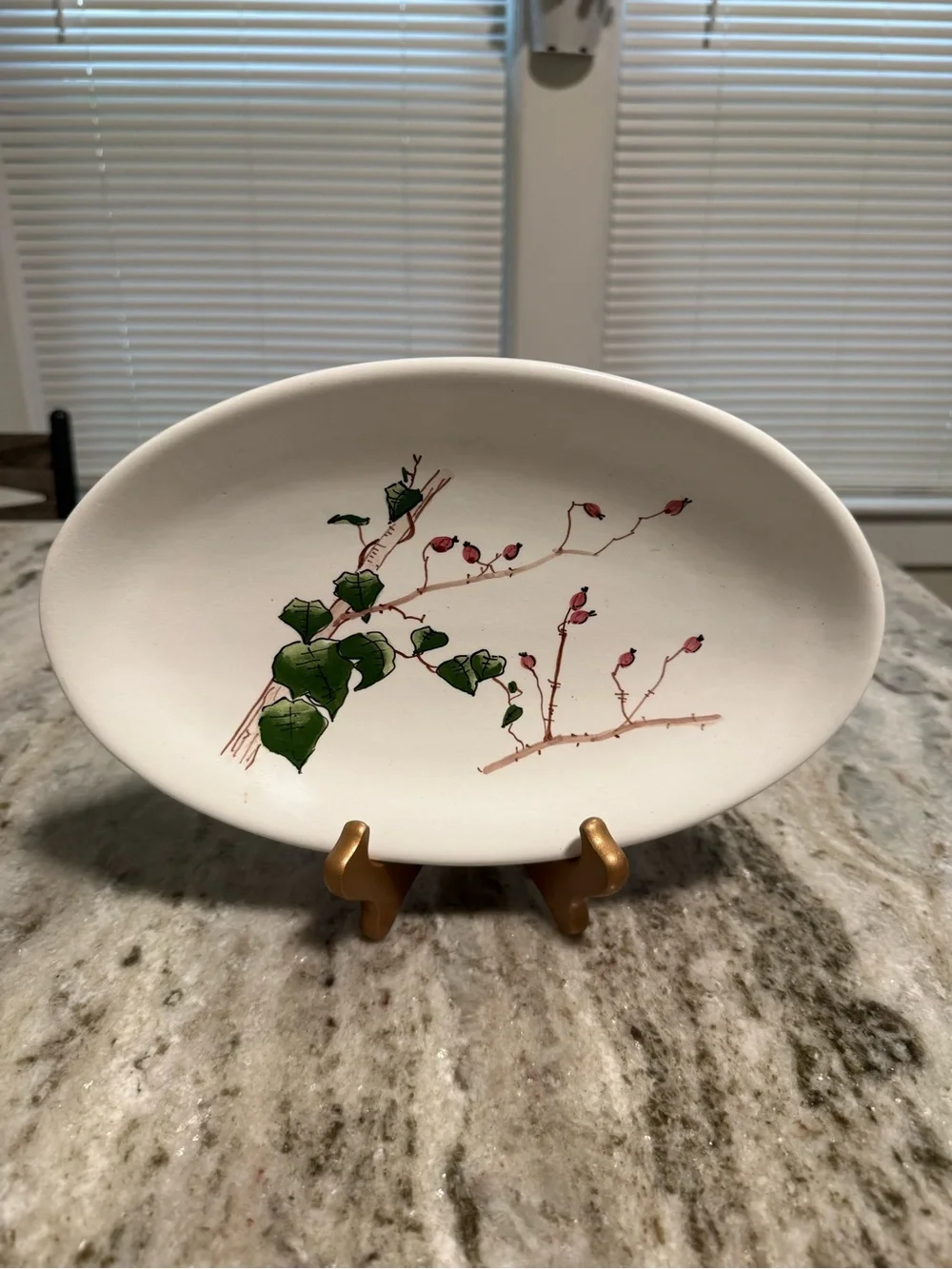 Signed Hand-Painted Ceramic Oval Platter Botanical Design